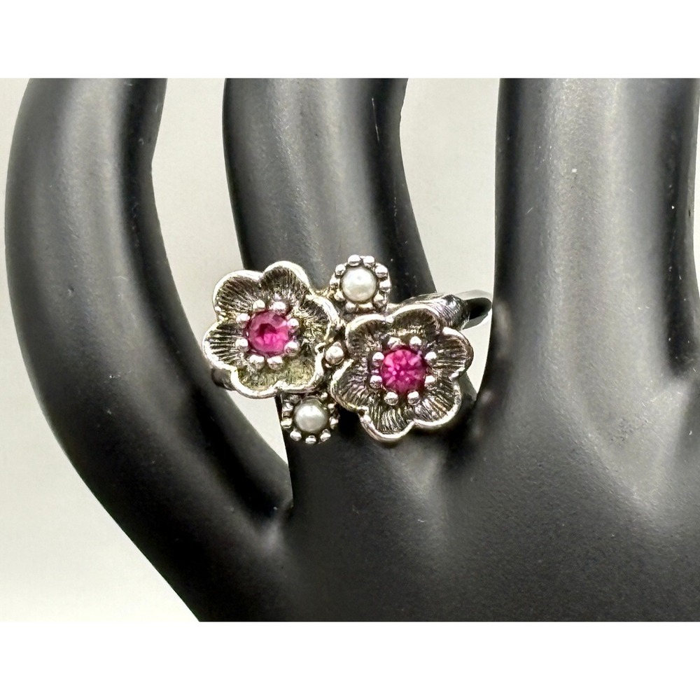 Avon Silver Tone Pink Rhinestone Faux Seed Pearl Flower Ring Vintage Floral Sz 6